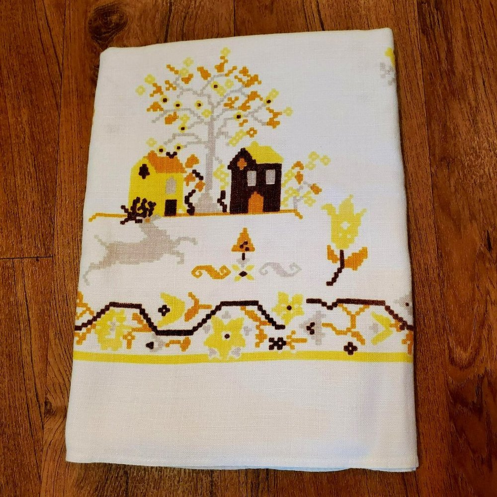Vintage Mid Century Linen Tablecloth, 49" Square, Yellow Farmhouse Cross Stitch